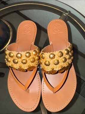 Tory Burch Tan Leather Thong Sandals with Gold Stud Details